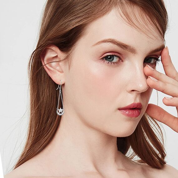 Mond Stern Ohrringe für Frauen, 925er Sterling Silber Halbmond Stern Tropfen Ohrringe Hypoallergen Mondhaken Ohrring Schmuck Geschenk für Geburtstag Grabschluss
