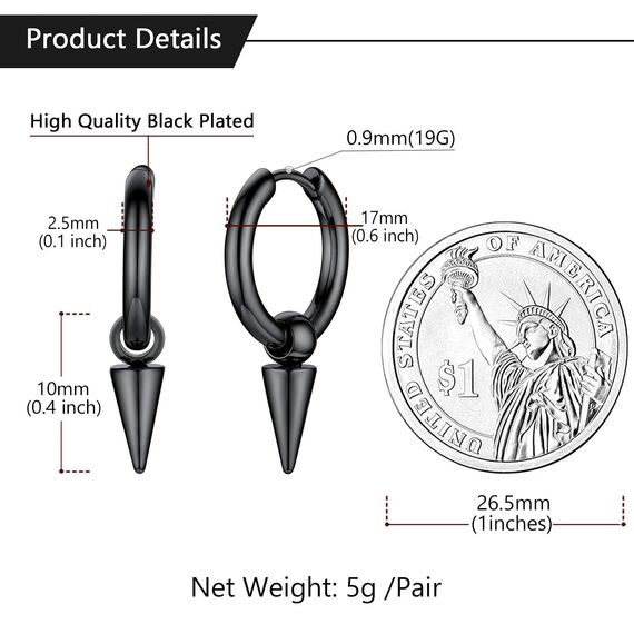 U7 Kleine Creolen mit Kegel Anhänger Schwarz Biker Gotik Hängeohrringe Punk Rock Huggie Kreolen Hoop Earrings Modeschmuck für Männer Frauen