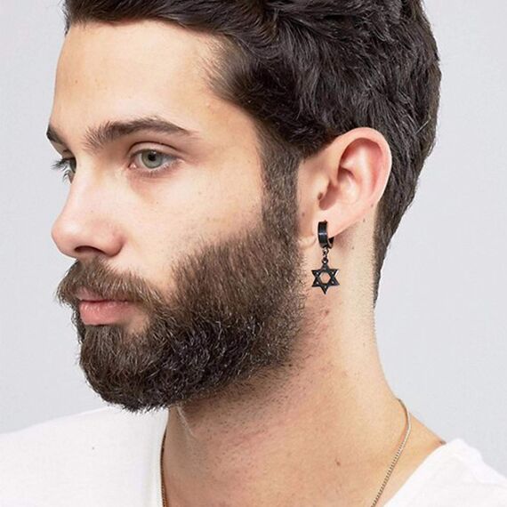 U7 Punk Creolen Ohrringe für Männer Frauen Hip-Hop Klappcreolen mit Davidstern Anhänger Schwarz Kleine Huggie Kreolen Modeschmuck Accessoire