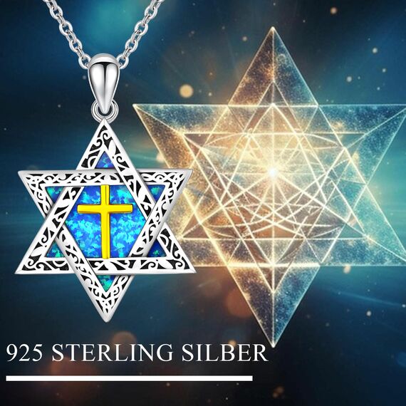 ABIGY Davidstern Kette mit Kreuz 925 Sterling Silber Opal Anhänger Hexagramm Davidstern Kette Jüdischen Hexagramm Amulett Schmuck Geschenke für Damen Männer