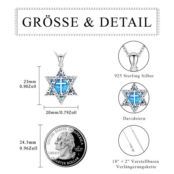 ABIGY Davidstern Kette 925 Sterling Silber Halskette mit Kreuz Opal Anhänger Hexagramm Davidstern Kette Jüdischen Hexagramm Amulett Schmuck Geschenke für Männer Damen