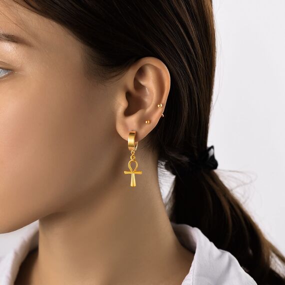 U7 Punk Creolen Ohrringe für Männer Frauen Hip-Hop Klappcreolen mit Ankh-Kreuz Anhänger 18k vergoldet Kleine Huggie Kreolen Modeschmuck Accessoire