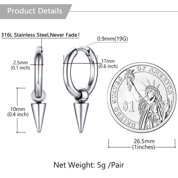 U7 Punk Creolen Ohrringe für Männer Frauen Hip-Hop Klappcreolen mit Kegel Anhänger Edelstahl Kleine Huggie Kreolen Modeschmuck Accessoire