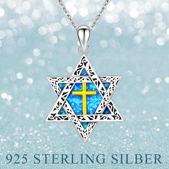 ABIGY Davidstern Kette mit Kreuz 925 Sterling Silber Opal Anhänger Hexagramm Davidstern Kette Jüdischen Hexagramm Amulett Schmuck Geschenke für Damen Männer
