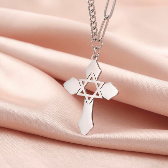 kkjoy Kreuz mit Davidstern Anhänger Halskette Ohrringe Schlüsselanhänger Edelstahl Hexagramm am Kreuz Gebetsamulett Schmuck für Frauen Männer (Halskette D (Kombinierte Kette, 50+5cm)-Silber)
