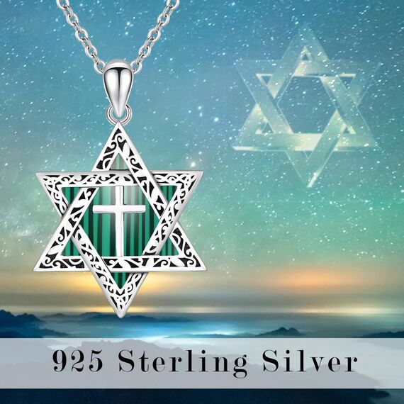 ABIGY Davidstern Halskette 925 Sterling Silber Malachit Davidstern Kette Malachit Anhänger mit Kreuz Hexagramm Halskette Jüdischer Schmuck Amulett Schmuck Männer Damen Geschenke