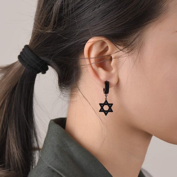 U7 Punk Creolen Ohrringe für Männer Frauen Hip-Hop Klappcreolen mit Davidstern Anhänger Schwarz Kleine Huggie Kreolen Modeschmuck Accessoire