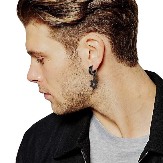U7 Punk Creolen Ohrringe für Männer Frauen Hip-Hop Klappcreolen mit Davidstern Anhänger Schwarz Kleine Huggie Kreolen Modeschmuck Accessoire
