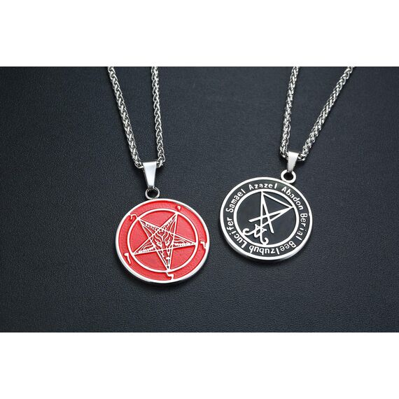 XUANPAI Satan Wiccan Satanism Anhänger Satanic System Emblem Siegel von Luzifer Amulett Halsketten Set für Männer