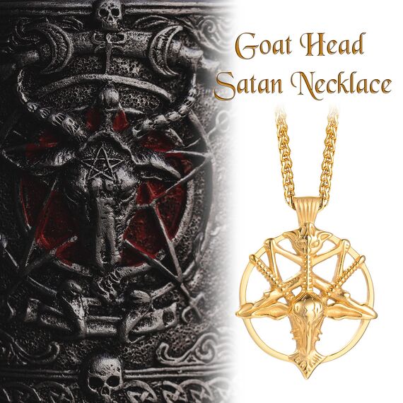 XUANPAI Ziegenkopf Teufel Luzifer Halskette Kirche des Satans Halsketten Siegel von Baphomet Satanische Ziege von Mendes, Invertiertes Pentagramm Amulett Schmuck für Männer Jungen,Gold