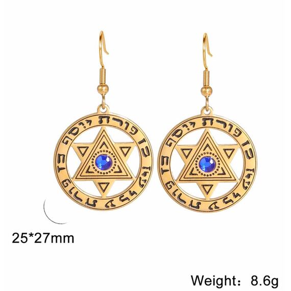 Davidstern-Ohrringe für Damen, Edelstahl, hebräische Inschrift, Hexagramm, blauer Diamant, rund, baumelnde Ohrringe, Megan-Stern, jüdischer Schmuck, Einheitsgröße, Edelstahl, Kein Edelstein