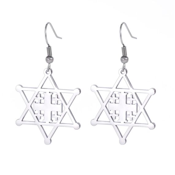 Ohrringe Davidstern für Damen, Edelstahl, Hexagramm, hebräische Schrift, blauer Diamant, rund, Stern, Megan, jüdischer Schmuck, Einheitsgröße, Edelstahl, Nein