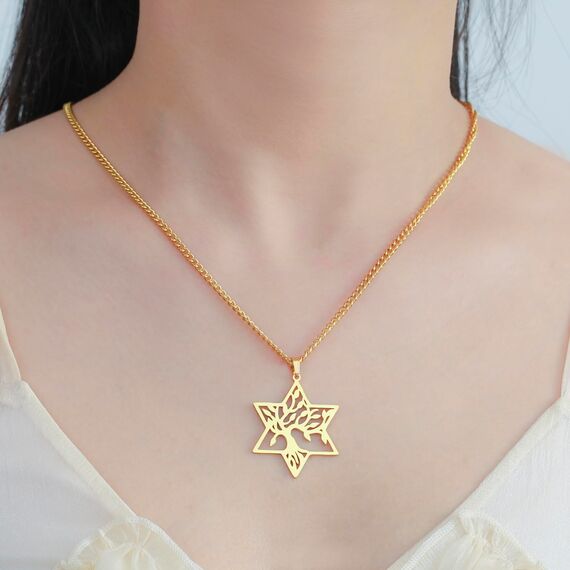 kkjoy Baum des Lebens mit Hexagramm Halskette Edelstahl Davidstern Anhänger Halskette Natur inspiriert spirituellen Schmuck für Frauen Männer