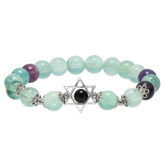 mookaitedecor Davidstern Heilstein Armband für Unisex, 16cm elastisch, Fluorit Hexagramm Edelstein Perlen Charm Stretch Armband