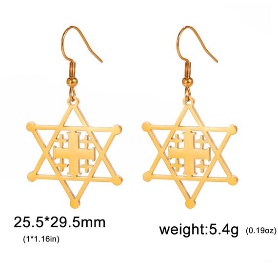 Davidstern-Ohrringe für Damen, Edelstahl, hebräische Inschrift, Hexagramm, blauer Diamant, rund, baumelnde Ohrringe, Megan-Stern, jüdischer Schmuck, Einheitsgröße, Edelstahl, Kein Edelstein