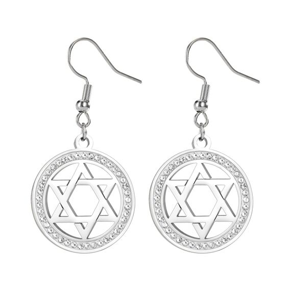 Ohrringe Davidstern für Damen, Edelstahl, Hexagramm, hebräische Schrift, blauer Diamant, rund, Stern, Megan, jüdischer Schmuck, Einheitsgröße, Edelstahl, Nein