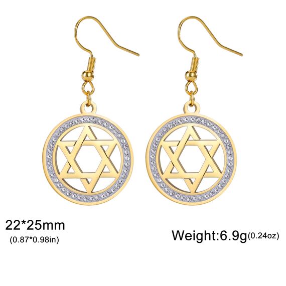 Davidstern-Ohrringe für Damen, Edelstahl, hebräische Inschrift, Hexagramm, blauer Diamant, rund, baumelnde Ohrringe, Megan-Stern, jüdischer Schmuck, Einheitsgröße, Edelstahl, Kein Edelstein