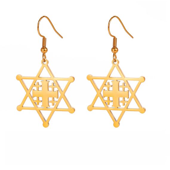 Davidstern-Ohrringe für Damen, Edelstahl, hebräische Inschrift, Hexagramm, blauer Diamant, rund, baumelnde Ohrringe, Megan-Stern, jüdischer Schmuck, Einheitsgröße, Edelstahl, Kein Edelstein