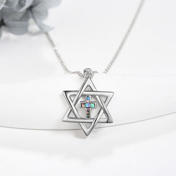 JERWLI Davidstern Kette 925 Sterling Silber Abalone Muschel Kreuz Davidstern Anhänger Halskette Davidstern Schmuck Judeo Christlicher Religiöser Geschenke für Damen Frauen Männer