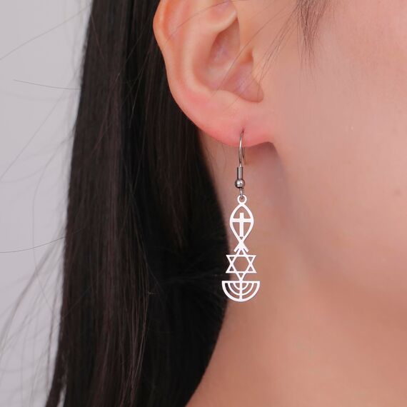 Messianisches Siegel Ohrringe Messianisches Siegel von Jerusalem Ohrringe Davidstern, Ichthus mit Kreuz, Menora, Jüdischer Stern Ohrringe Religiöser Chanukka-Schmuck Zeichen des Gebets (Silber)
