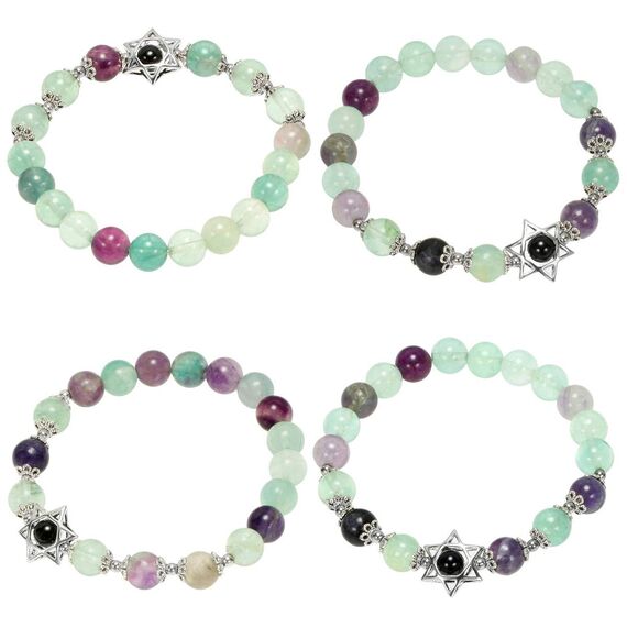 mookaitedecor Davidstern Heilstein Armband für Unisex, 16cm elastisch, Fluorit Hexagramm Edelstein Perlen Charm Stretch Armband