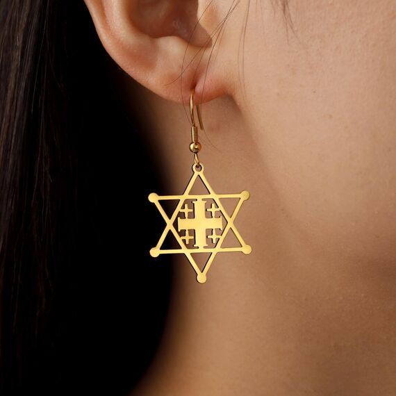 Davidstern-Ohrringe für Damen, Edelstahl, hebräische Inschrift, Hexagramm, blauer Diamant, rund, baumelnde Ohrringe, Megan-Stern, jüdischer Schmuck, Einheitsgröße, Edelstahl, Kein Edelstein
