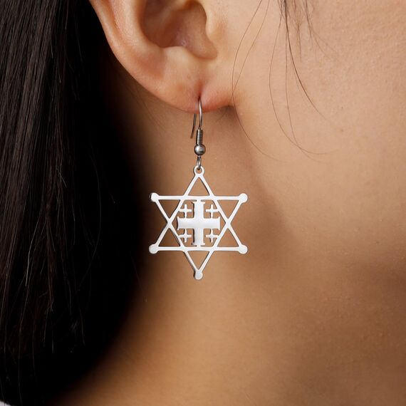 Ohrringe Davidstern für Damen, Edelstahl, Hexagramm, hebräische Schrift, blauer Diamant, rund, Stern, Megan, jüdischer Schmuck, Einheitsgröße, Edelstahl, Nein