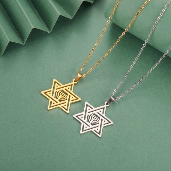 VASSAGO Davidstern Halskette für Frauen Jüdischer Stern mit Menorah Halskette aus Edelstahl Chanukka Anhänger Halskette für Männer Israel Religiöser Schmuck (Gold halskette)