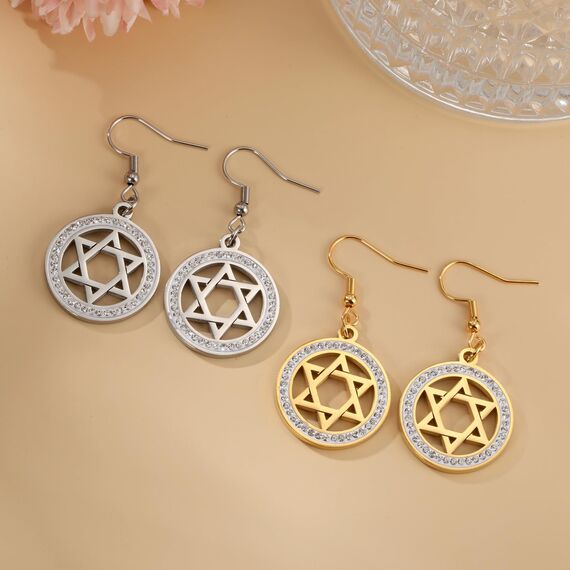 Ohrringe Davidstern für Damen, Edelstahl, Hexagramm, hebräische Schrift, blauer Diamant, rund, Stern, Megan, jüdischer Schmuck, Einheitsgröße, Edelstahl, Nein