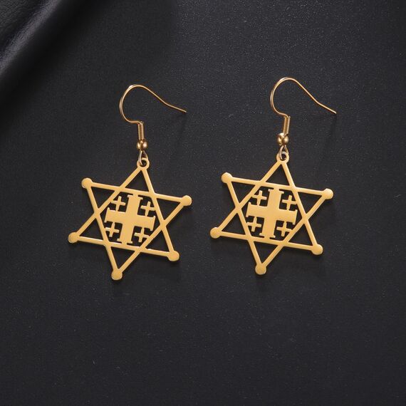 Davidstern-Ohrringe für Damen, Edelstahl, hebräische Inschrift, Hexagramm, blauer Diamant, rund, baumelnde Ohrringe, Megan-Stern, jüdischer Schmuck, Einheitsgröße, Edelstahl, Kein Edelstein