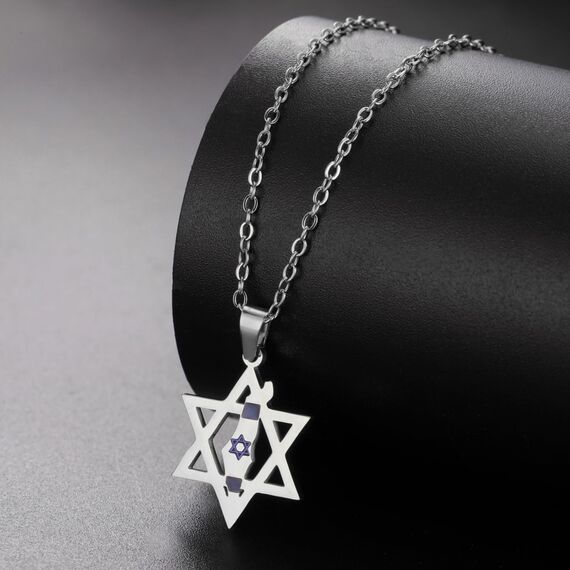 EUEAVAN Davidstern Halskette für Frauen Palästina Halskette Judenstern Land Flagge Karte Anhänger Naher Osten Arabischer Nationalschmuck Judaica Geschenke Männer (silver)