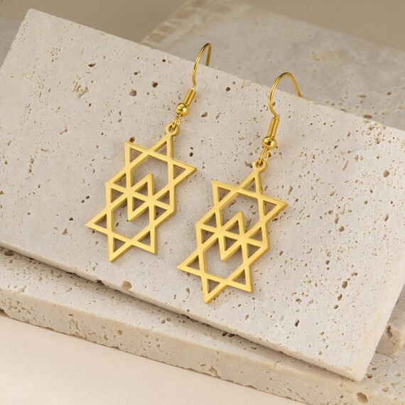 Davidstern-Ohrringe für Damen, Edelstahl, hebräische Inschrift, Hexagramm, blauer Diamant, rund, baumelnde Ohrringe, Megan-Stern, jüdischer Schmuck, Einheitsgröße, Edelstahl, Kein Edelstein