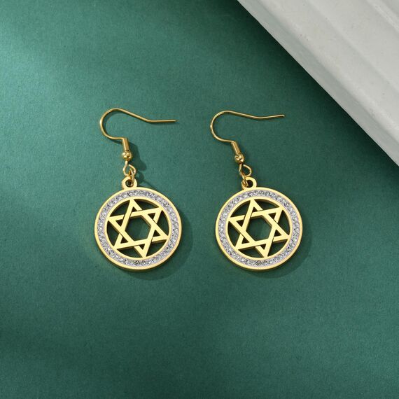 Davidstern-Ohrringe für Damen, Edelstahl, hebräische Inschrift, Hexagramm, blauer Diamant, rund, baumelnde Ohrringe, Megan-Stern, jüdischer Schmuck, Einheitsgröße, Edelstahl, Kein Edelstein