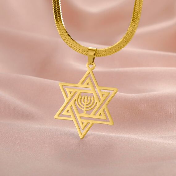 VASSAGO Davidstern Halskette für Frauen Jüdischer Stern mit Menorah Halskette aus Edelstahl Chanukka Anhänger Halskette für Männer Israel Religiöser Schmuck (Gold Halskette-Schlangen kette)