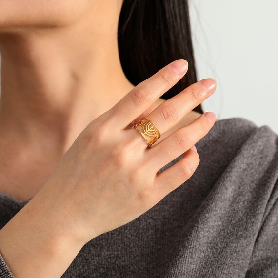 Amaxer Davidstern Hexagramm Chanukka Menora Kerze jüdisches Magen Hebräisch Judaica ausgehöhlt offen verstellbarer Fingerring, Metall