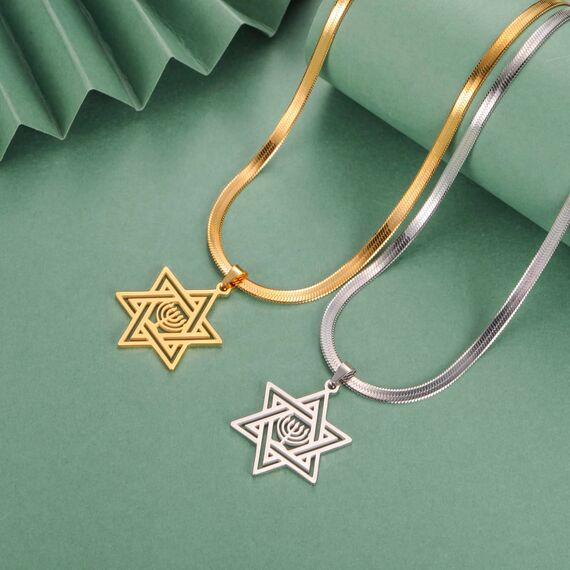 VASSAGO Davidstern Halskette für Frauen Jüdischer Stern mit Menorah Halskette aus Edelstahl Chanukka Anhänger Halskette für Männer Israel Religiöser Schmuck (Gold Halskette-Schlangen kette)