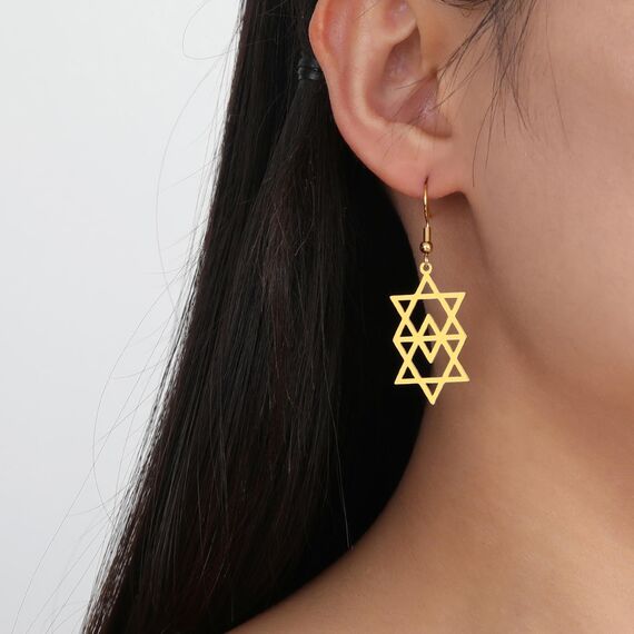 Davidstern-Ohrringe für Damen, Edelstahl, hebräische Inschrift, Hexagramm, blauer Diamant, rund, baumelnde Ohrringe, Megan-Stern, jüdischer Schmuck, Einheitsgröße, Edelstahl, Kein Edelstein