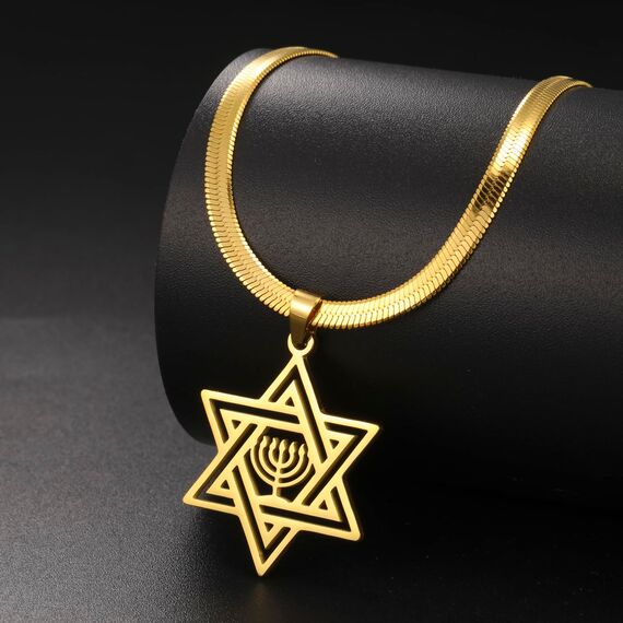 VASSAGO Davidstern Halskette für Frauen Jüdischer Stern mit Menorah Halskette aus Edelstahl Chanukka Anhänger Halskette für Männer Israel Religiöser Schmuck (Gold Halskette-Schlangen kette)