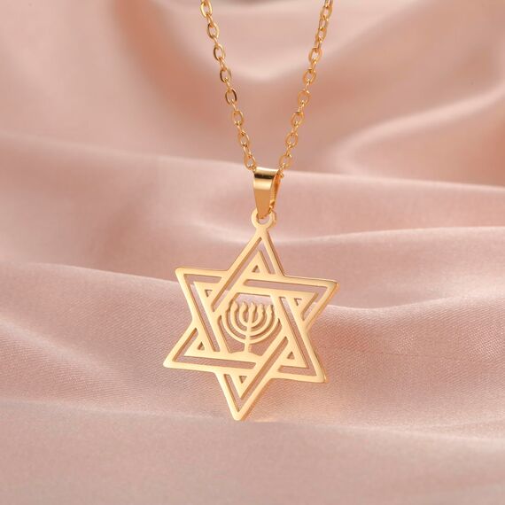 VASSAGO Davidstern Halskette für Frauen Jüdischer Stern mit Menorah Halskette aus Edelstahl Chanukka Anhänger Halskette für Männer Israel Religiöser Schmuck (Gold halskette)
