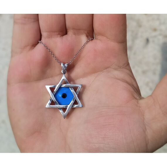 MYSTIC JEWELS By Dalia – Halskette mit Davidstern (Magen David) aus 925er Sterlingsilber mit blauem bösen Blick aus Kristall in der Mitte (groß)
