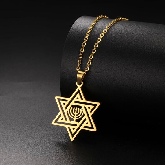 VASSAGO Davidstern Halskette für Frauen Jüdischer Stern mit Menorah Halskette aus Edelstahl Chanukka Anhänger Halskette für Männer Israel Religiöser Schmuck (Gold halskette)