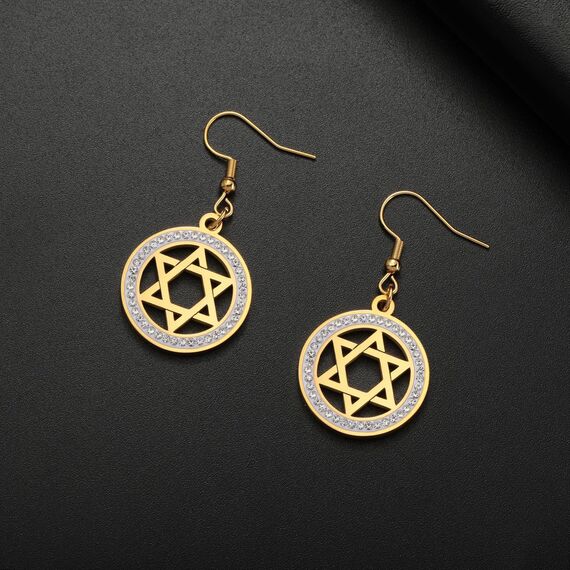 Davidstern-Ohrringe für Damen, Edelstahl, hebräische Inschrift, Hexagramm, blauer Diamant, rund, baumelnde Ohrringe, Megan-Stern, jüdischer Schmuck, Einheitsgröße, Edelstahl, Kein Edelstein