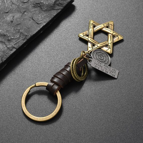 YIQPKUM Zart Antik Jüdisch Davidstern Schlüsselanhänger Anhänger Damen Charm Geldbörse Tasche Israel Accessoire Geschenk (Braun)