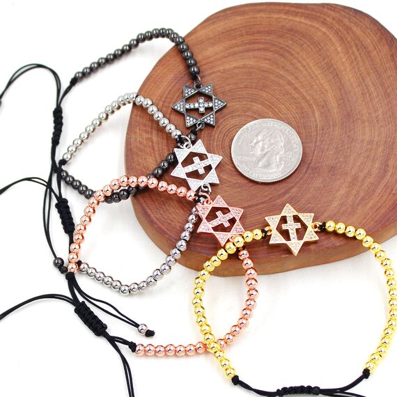 JunyiDIY Handgefertigtes, verstellbares Kreuz- und Davidstern-Charm-Armband, modischer christlicher, religiöser Schmuck für Männer und Frauen, schützendes und inspirierendes Geschenk, adjustable,