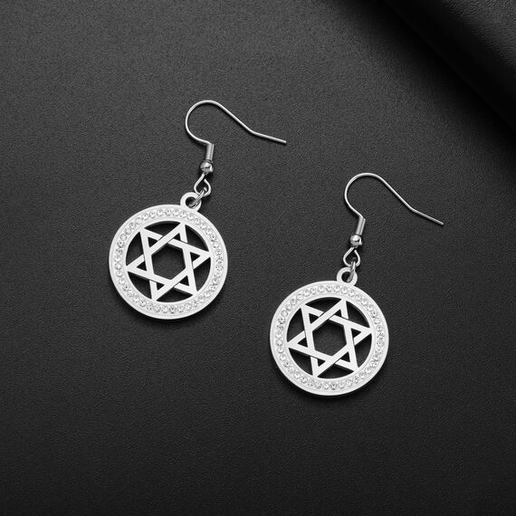 Ohrringe Davidstern für Damen, Edelstahl, Hexagramm, hebräische Schrift, blauer Diamant, rund, Stern, Megan, jüdischer Schmuck, Einheitsgröße, Edelstahl, Nein