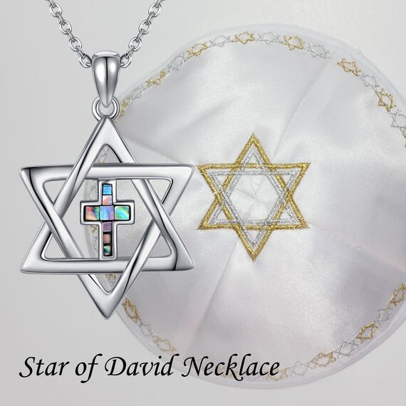 JERWLI Davidstern Kette 925 Sterling Silber Abalone Muschel Kreuz Davidstern Anhänger Halskette Davidstern Schmuck Judeo Christlicher Religiöser Geschenke für Damen Frauen Männer