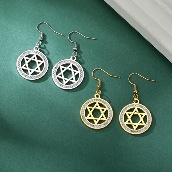 Davidstern-Ohrringe für Damen, Edelstahl, hebräische Inschrift, Hexagramm, blauer Diamant, rund, baumelnde Ohrringe, Megan-Stern, jüdischer Schmuck, Einheitsgröße, Edelstahl, Kein Edelstein
