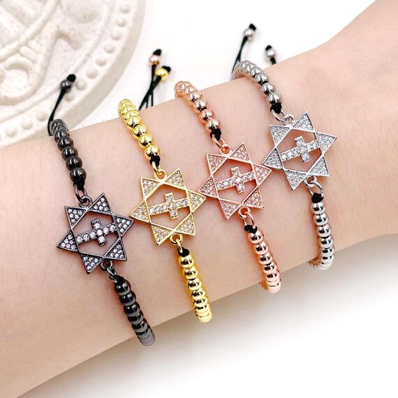 JunyiDIY Handgefertigtes, verstellbares Kreuz- und Davidstern-Charm-Armband, modischer christlicher, religiöser Schmuck für Männer und Frauen, schützendes und inspirierendes Geschenk, adjustable,