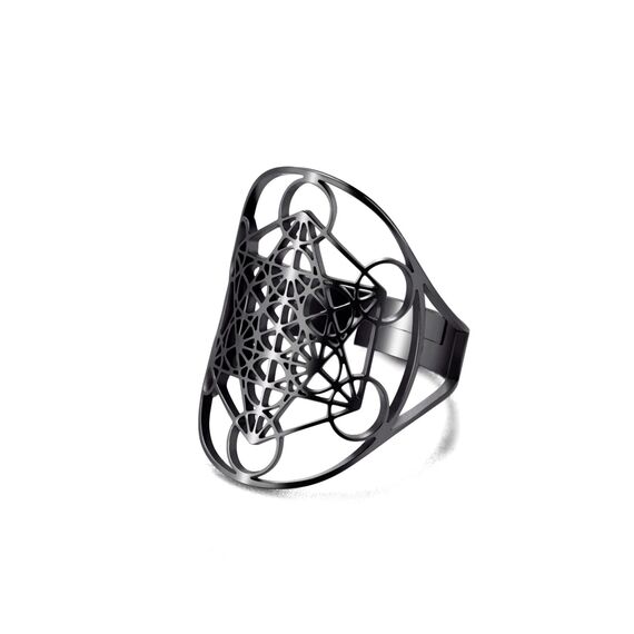 Amaxer Edelstahl Metatrons Cube Ring für Frauen Erzengel Metatron Schutzerklärung Ausgehöhlt Damen Band Ring Schmuck für Dame (Schwarz)