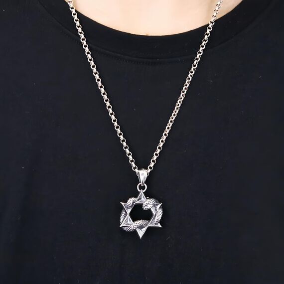 Vintage Echt 925 Sterling Silber Davidstern Halskette Kette mit Hexagramm Schlange Anhänger für Herren Damen